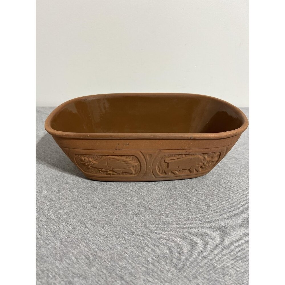 Vintage Terracotta Clay Baking Dish Glazed Roaster Animal Relief German 11 Inch